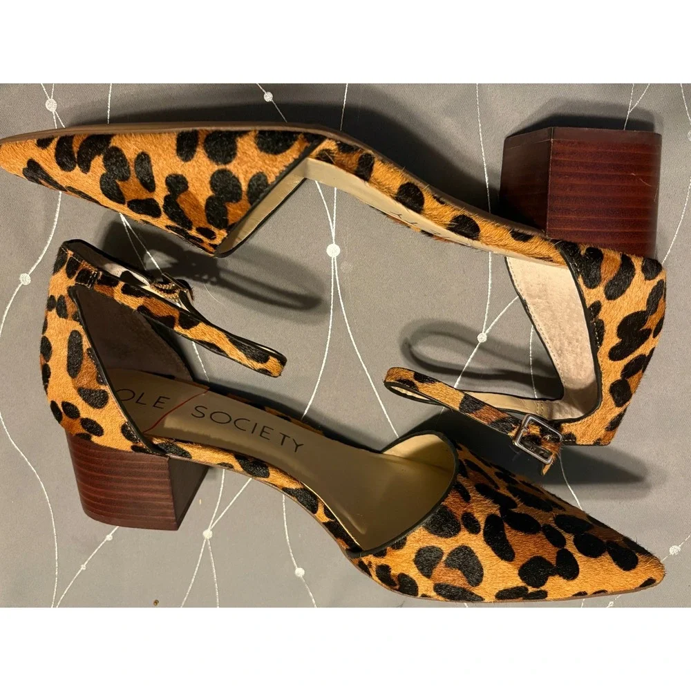 Sole Society Katarina 2 Leopard Print Cow Hair d'Orsay Block Heel Pumps 9.5M